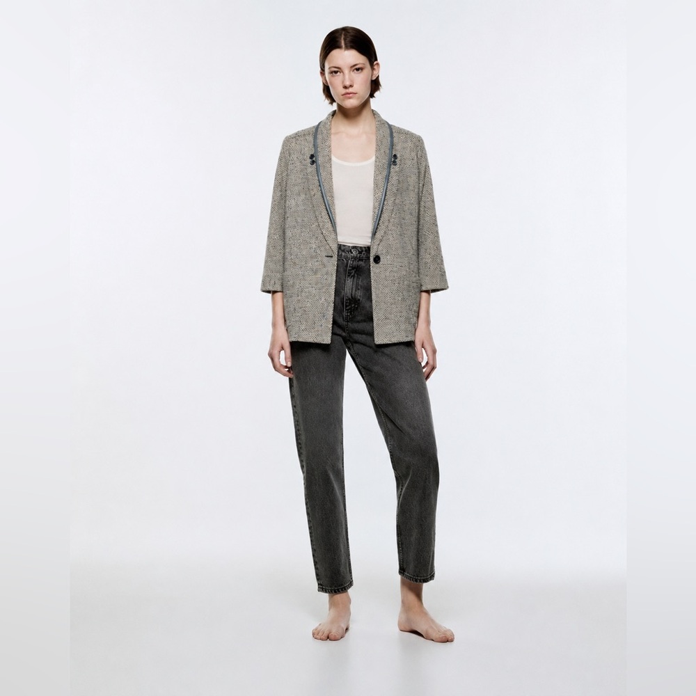 VINTAGE - San Bo Tweed Wool-Blend Jacket with Faux Leather Trim
